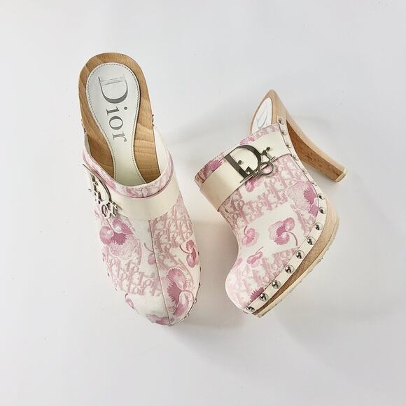 Dior Shoes - Vintage Dior 2005 Pink Cherry Blossom Trotter Studded Slip On Mules Clogs 38.5